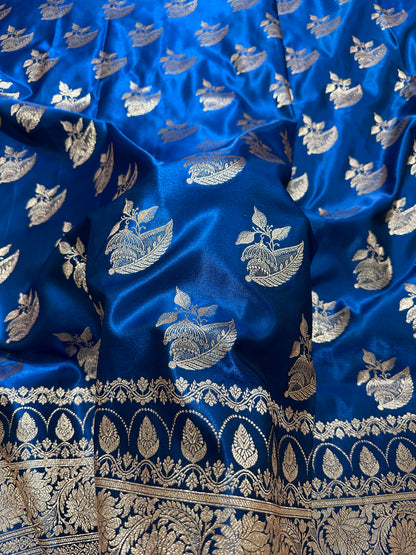 Royal Peacock Blue Satin Silk Banarasi Saree with Royal Floral Jhallar Border and Royal Peacock Paisley Butis