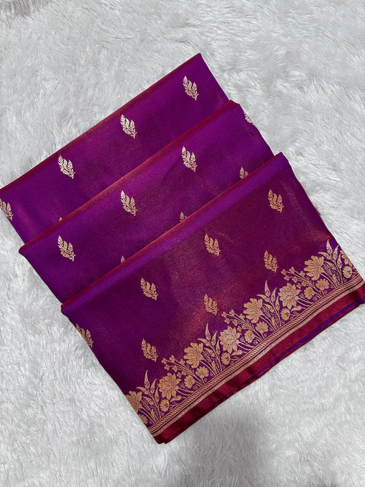 Wine Satin Silk Banarasi Saree with Delicate Floral Arch Border and Bold Gold Panna Butis