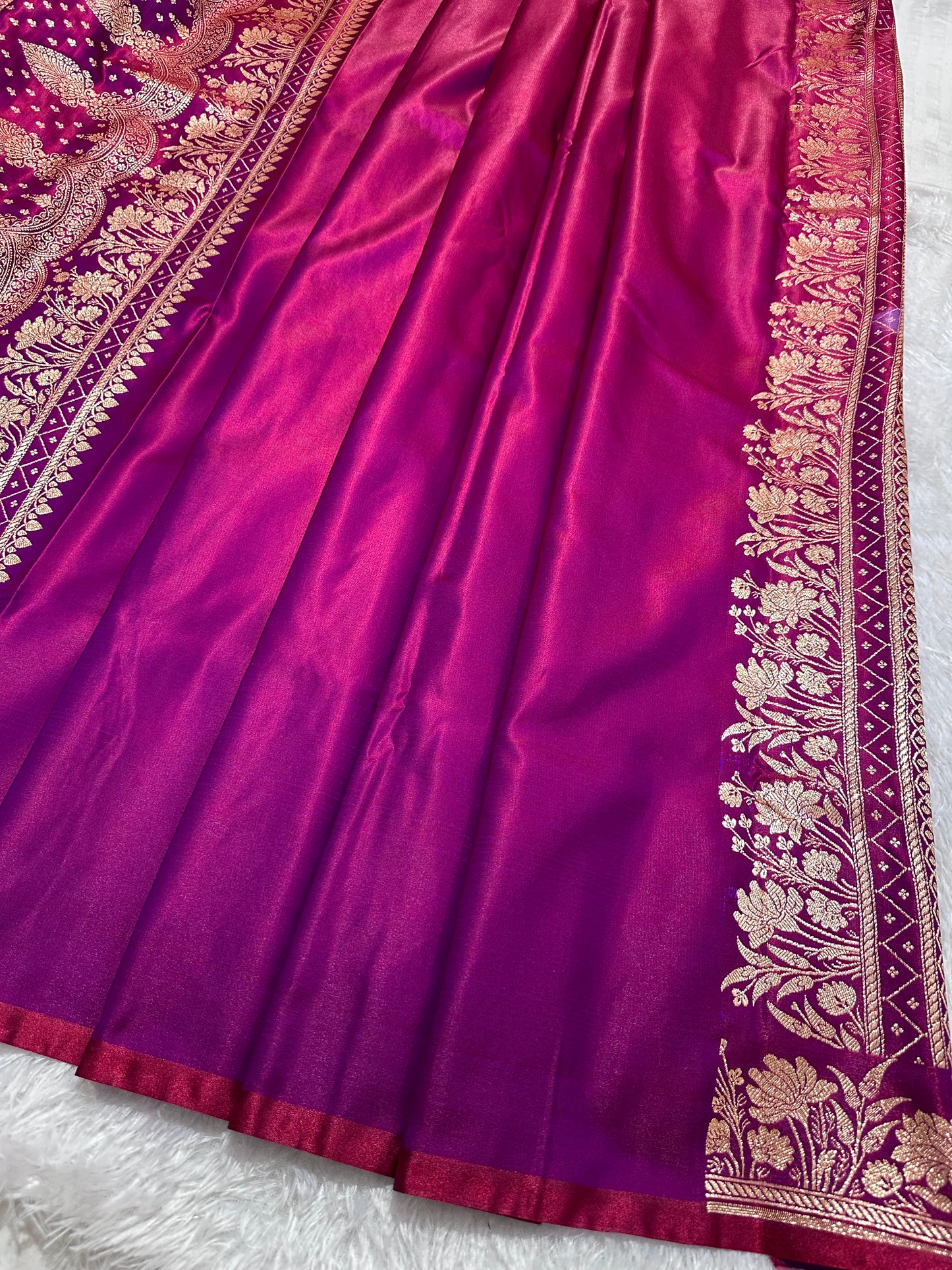 Wine Satin Silk Banarasi Saree with Delicate Floral Arch Border and Bold Gold Panna Butis