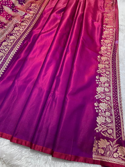 Wine Satin Silk Banarasi Saree with Delicate Floral Arch Border and Bold Gold Panna Butis