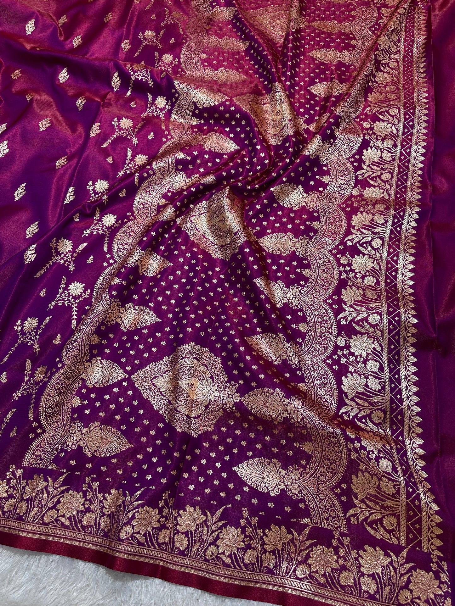 Wine Satin Silk Banarasi Saree with Delicate Floral Arch Border and Bold Gold Panna Butis