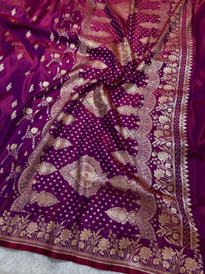 Wine Satin Silk Banarasi Saree with Delicate Floral Arch Border and Bold Gold Panna Butis