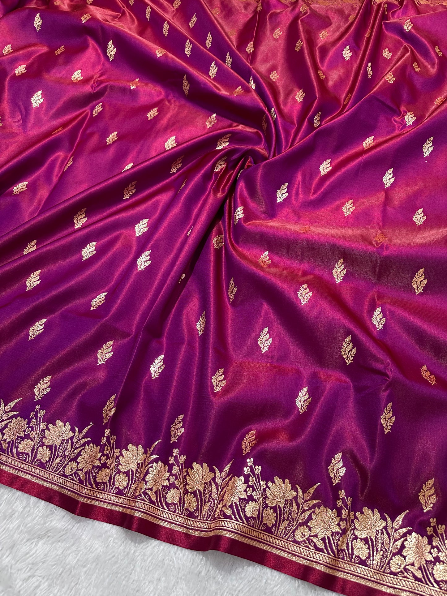 Wine Satin Silk Banarasi Saree with Delicate Floral Arch Border and Bold Gold Panna Butis
