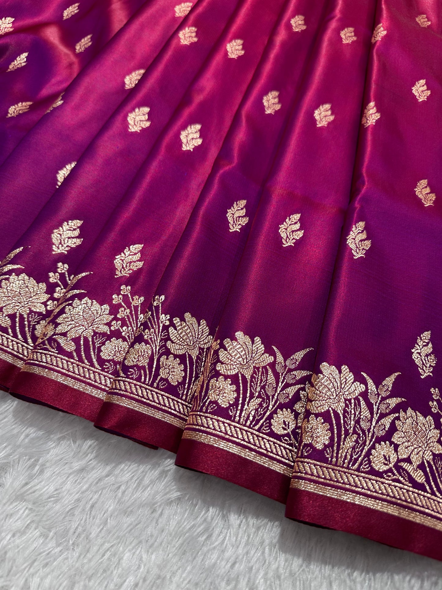 Wine Satin Silk Banarasi Saree with Delicate Floral Arch Border and Bold Gold Panna Butis