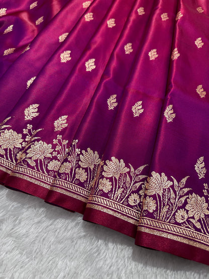 Wine Satin Silk Banarasi Saree with Delicate Floral Arch Border and Bold Gold Panna Butis