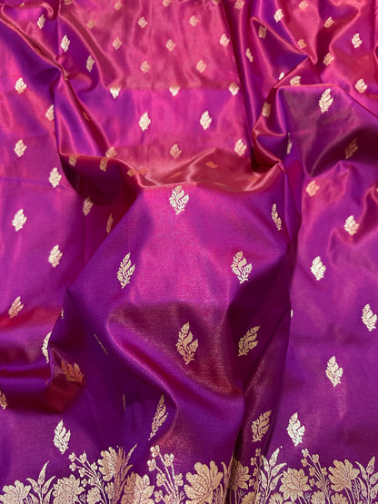 Wine Satin Silk Banarasi Saree with Delicate Floral Arch Border and Bold Gold Panna Butis