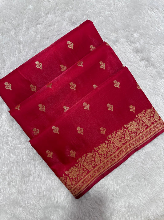 Elegant Crimson Red Satin Silk Banarasi Saree with Delicate Floral Arch Border and Traditional Kalka Butis