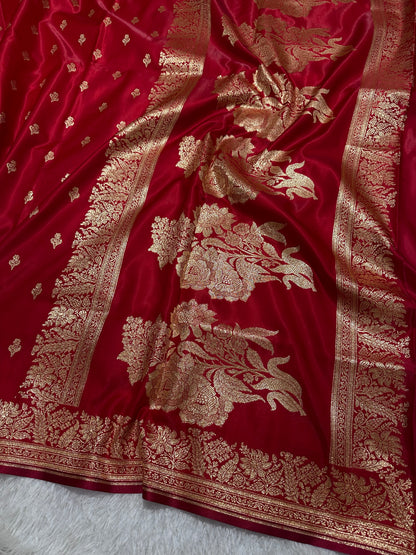 Elegant Crimson Red Satin Silk Banarasi Saree with Delicate Floral Arch Border and Traditional Kalka Butis
