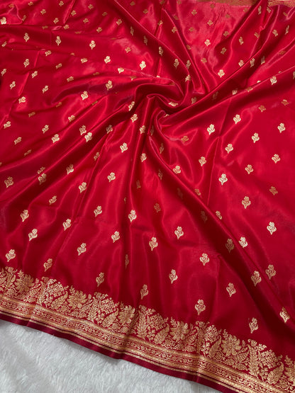 Elegant Crimson Red Satin Silk Banarasi Saree with Delicate Floral Arch Border and Traditional Kalka Butis