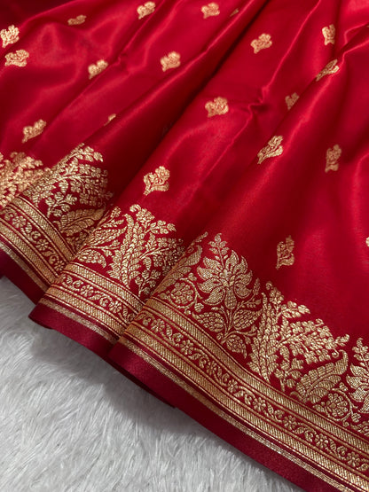 Elegant Crimson Red Satin Silk Banarasi Saree with Delicate Floral Arch Border and Traditional Kalka Butis