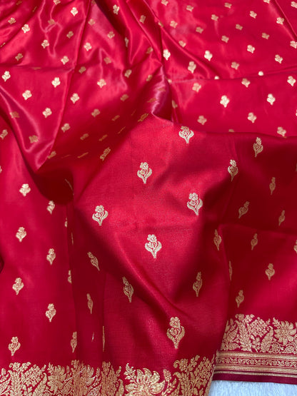 Elegant Crimson Red Satin Silk Banarasi Saree with Delicate Floral Arch Border and Traditional Kalka Butis