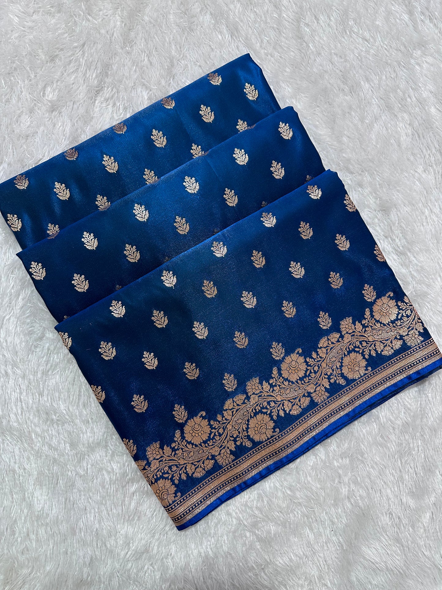 Royal Ink Blue Satin Silk Banarasi Saree with Delicate Floral Arch Border and Full-Bloomed Rose Butis