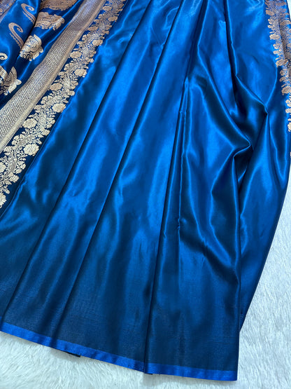 Royal Ink Blue Satin Silk Banarasi Saree with Delicate Floral Arch Border and Full-Bloomed Rose Butis