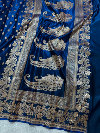 Royal Ink Blue Satin Silk Banarasi Saree with Delicate Floral Arch Border and Full-Bloomed Rose Butis