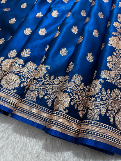 Royal Ink Blue Satin Silk Banarasi Saree with Delicate Floral Arch Border and Full-Bloomed Rose Butis