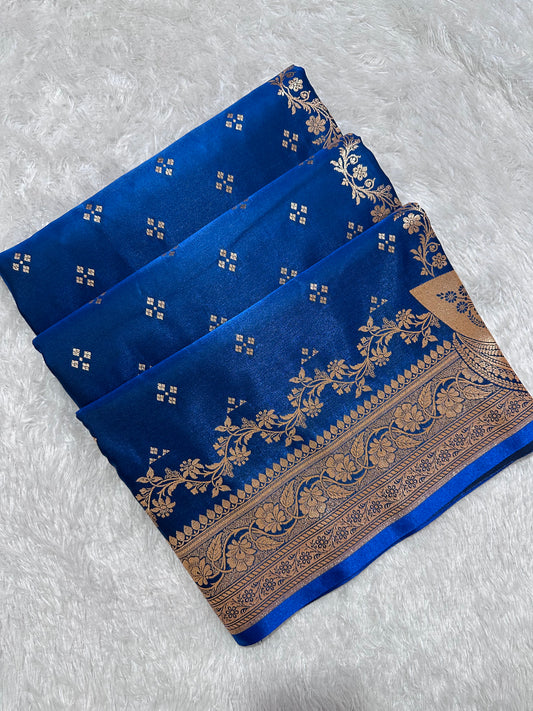 Royal Peacock Blue Satin Silk Banarasi Saree with Royal Floral Jhallar Border and Geometric Chowk Butis