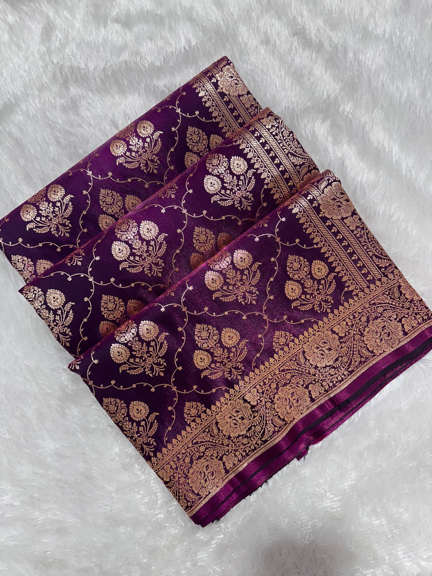 Royal Deep Purple Satin Silk Banarasi Saree with Ornate Floral Vine Border and Full Jaal Body Work