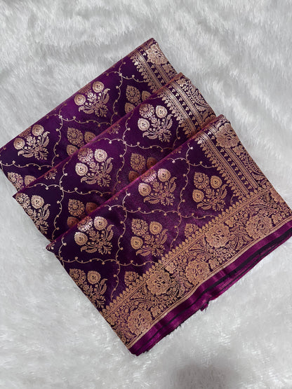 Royal Deep Purple Satin Silk Banarasi Saree with Ornate Floral Vine Border and Full Jaal Body Work