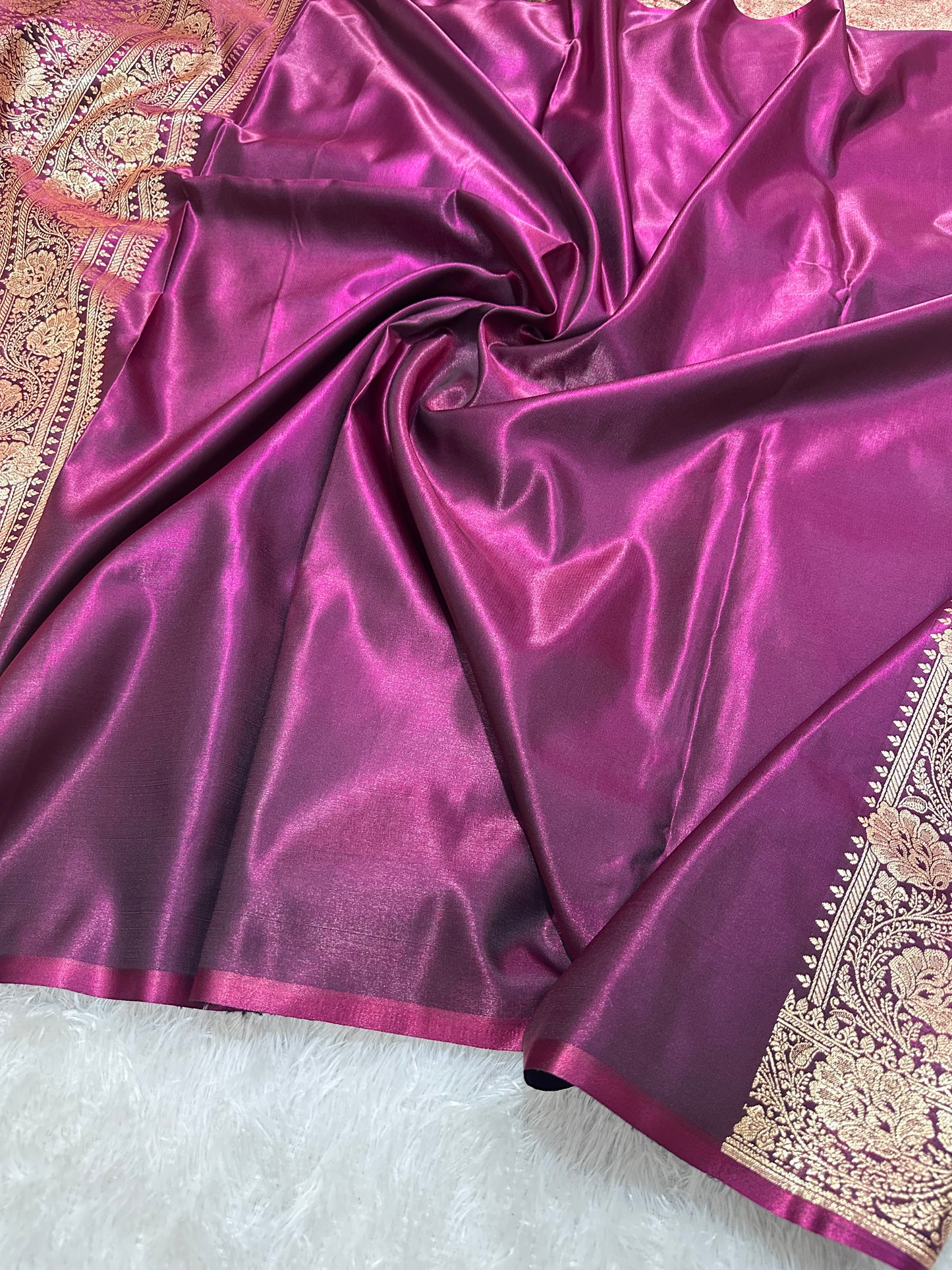 Royal Deep Purple Satin Silk Banarasi Saree with Ornate Floral Vine Border and Full Jaal Body Work
