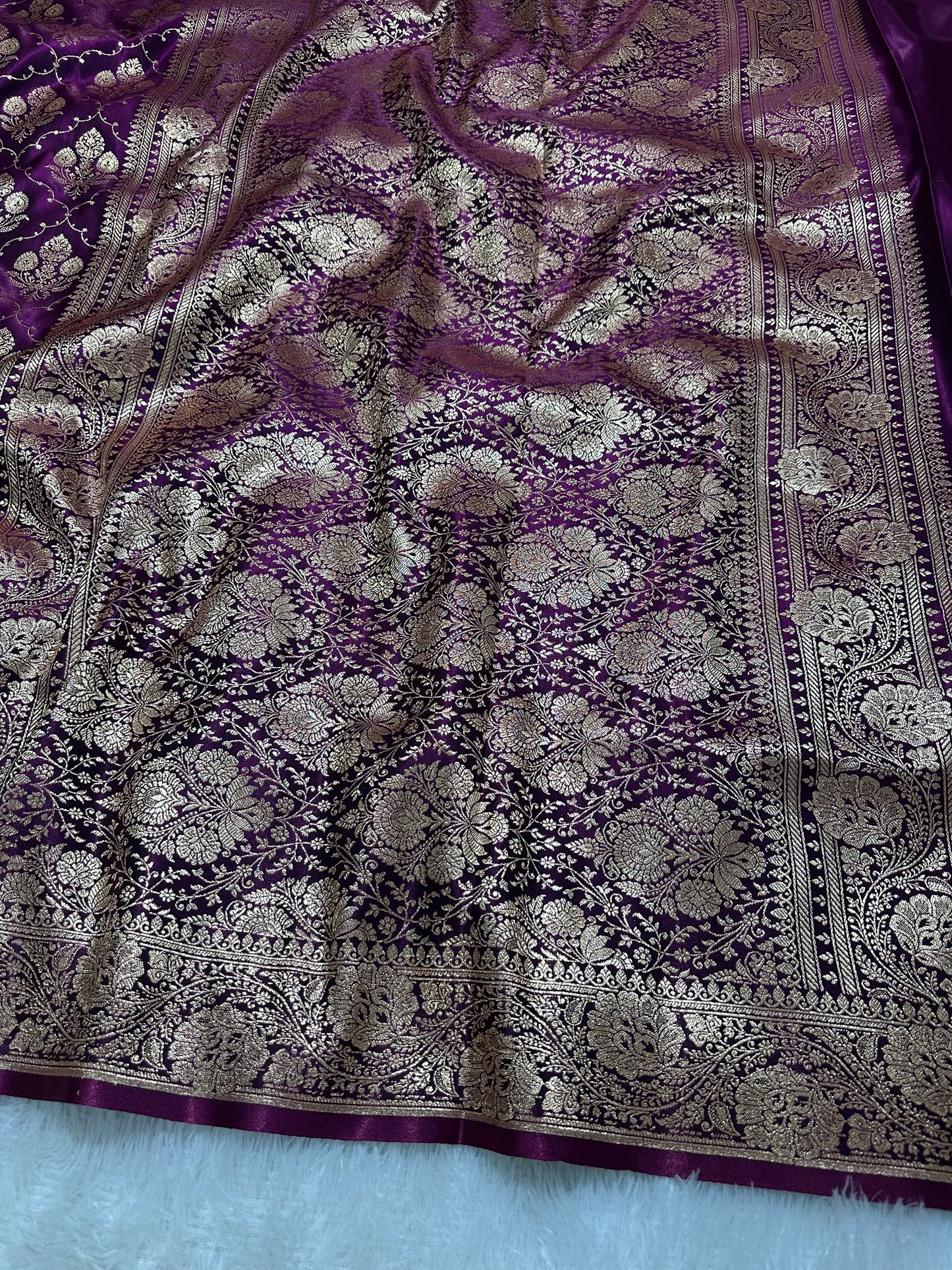 Royal Deep Purple Satin Silk Banarasi Saree with Ornate Floral Vine Border and Full Jaal Body Work