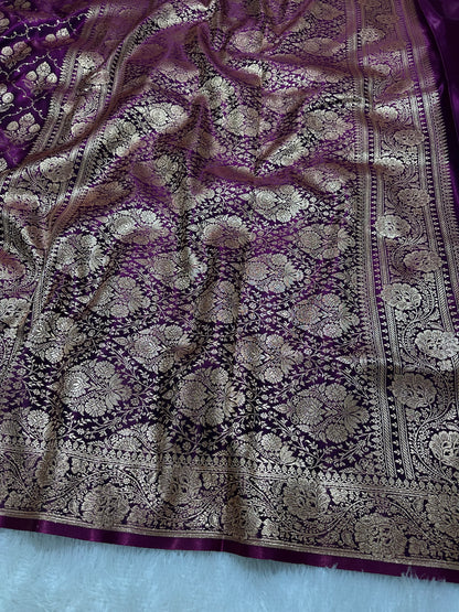 Royal Deep Purple Satin Silk Banarasi Saree with Ornate Floral Vine Border and Full Jaal Body Work