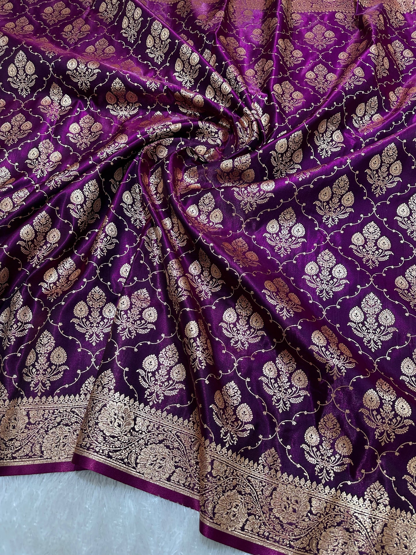 Royal Deep Purple Satin Silk Banarasi Saree with Ornate Floral Vine Border and Full Jaal Body Work