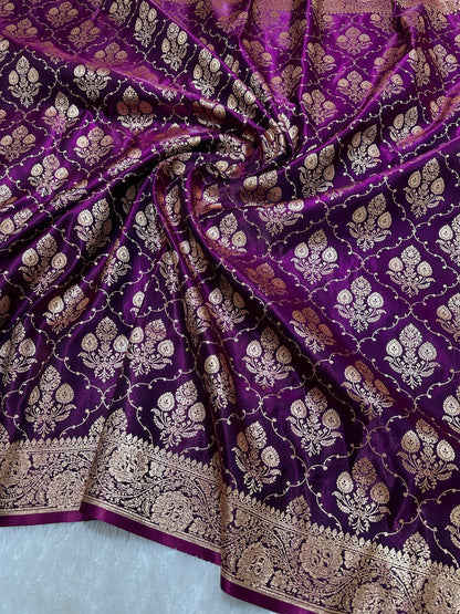 Royal Deep Purple Satin Silk Banarasi Saree with Ornate Floral Vine Border and Full Jaal Body Work