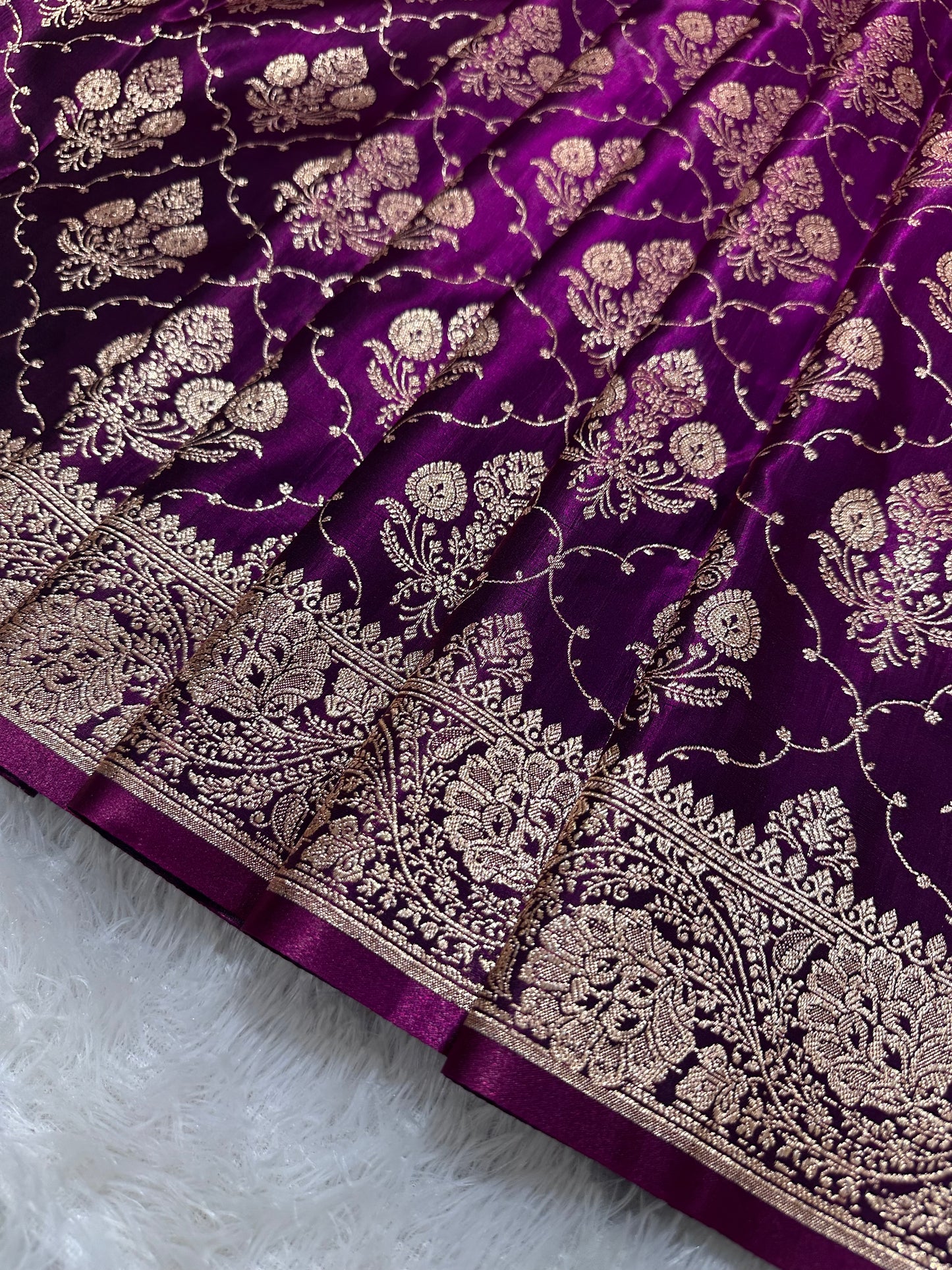 Royal Deep Purple Satin Silk Banarasi Saree with Ornate Floral Vine Border and Full Jaal Body Work