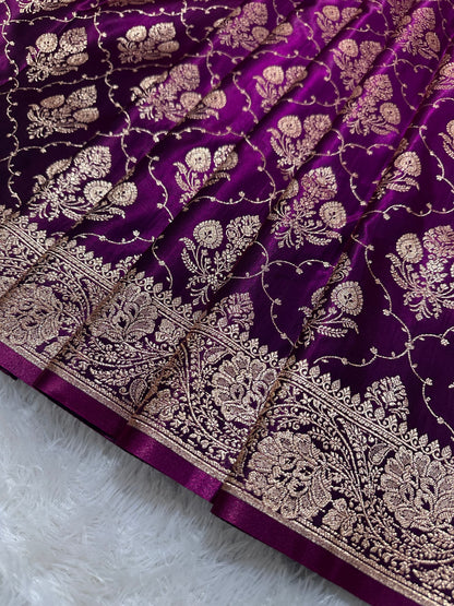 Royal Deep Purple Satin Silk Banarasi Saree with Ornate Floral Vine Border and Full Jaal Body Work