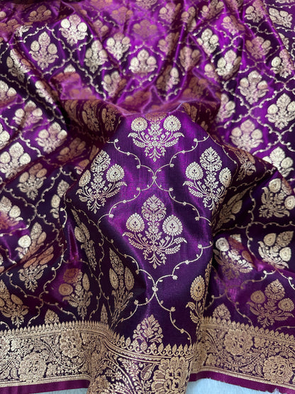 Royal Deep Purple Satin Silk Banarasi Saree with Ornate Floral Vine Border and Full Jaal Body Work