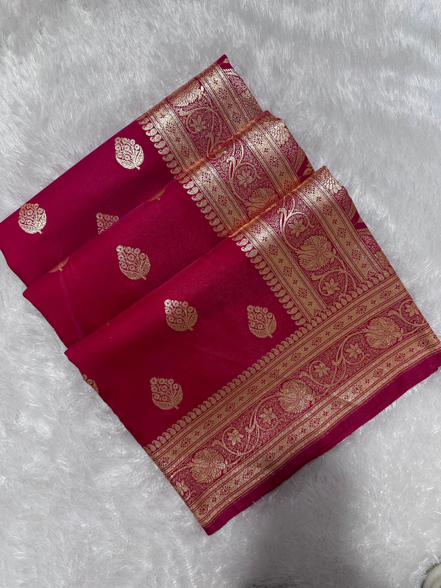 Rani Pink Satin Silk Banarasi Saree with Royal Meena-Floral Border and Traditional Diamond-Kalka Butis