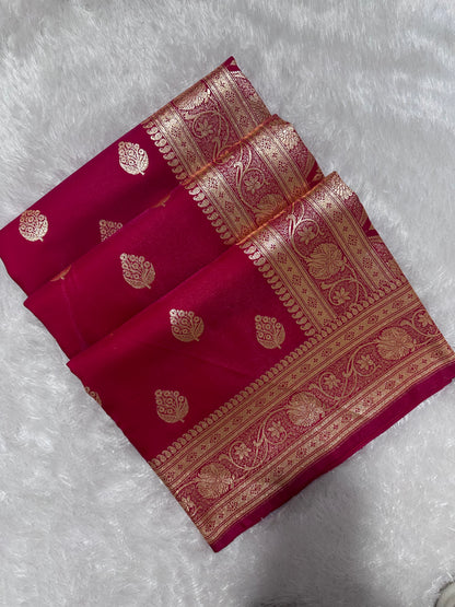 Rani Pink Satin Silk Banarasi Saree with Royal Meena-Floral Border and Traditional Diamond-Kalka Butis