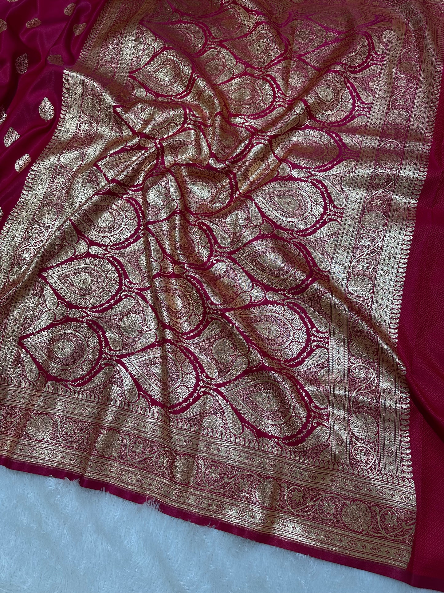 Rani Pink Satin Silk Banarasi Saree with Royal Meena-Floral Border and Traditional Diamond-Kalka Butis