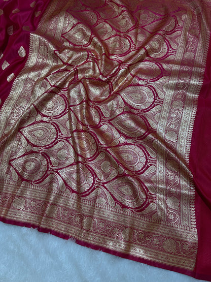 Rani Pink Satin Silk Banarasi Saree with Royal Meena-Floral Border and Traditional Diamond-Kalka Butis
