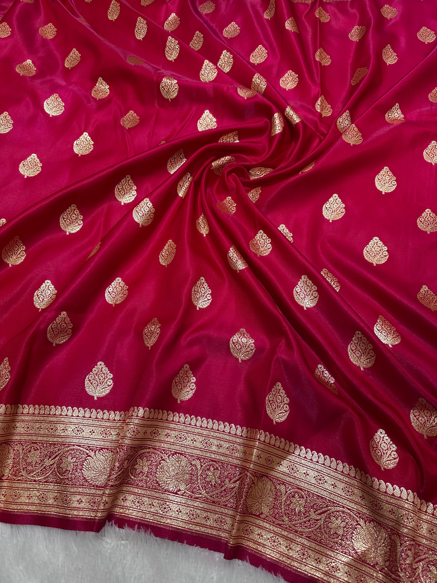 Rani Pink Satin Silk Banarasi Saree with Royal Meena-Floral Border and Traditional Diamond-Kalka Butis