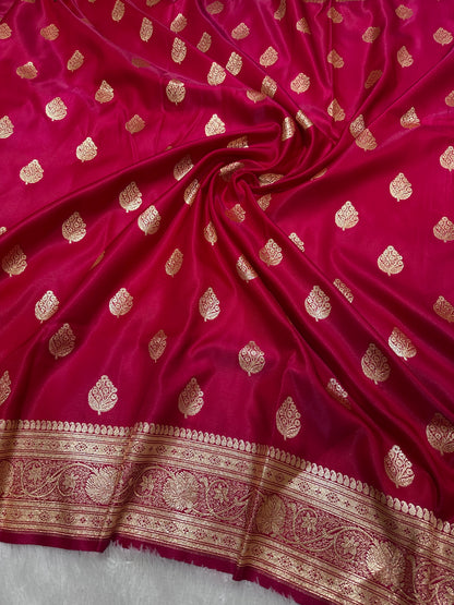 Rani Pink Satin Silk Banarasi Saree with Royal Meena-Floral Border and Traditional Diamond-Kalka Butis