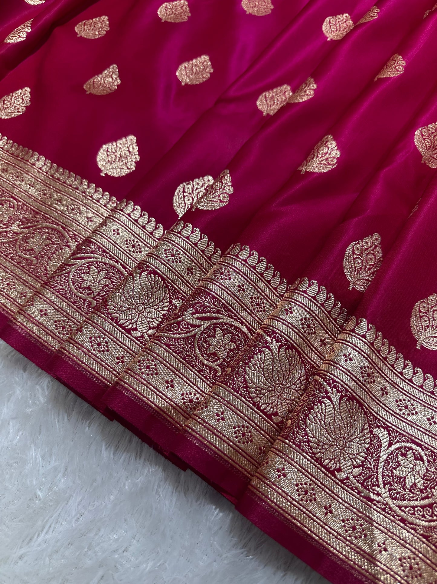 Rani Pink Satin Silk Banarasi Saree with Royal Meena-Floral Border and Traditional Diamond-Kalka Butis