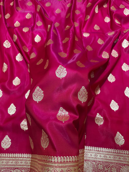Rani Pink Satin Silk Banarasi Saree with Royal Meena-Floral Border and Traditional Diamond-Kalka Butis