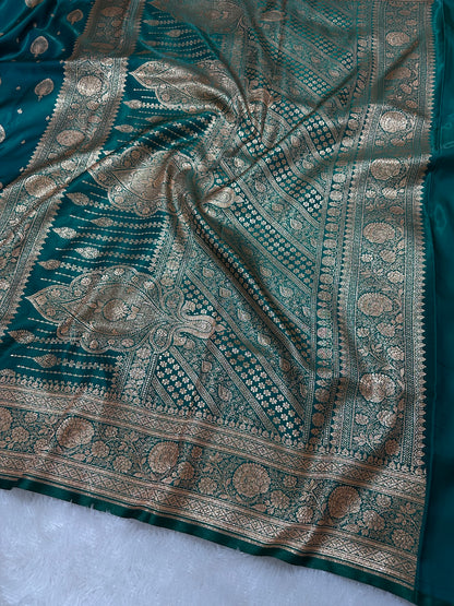 Elegant Rama Green Satin Silk Banarasi Saree with Royal Meena-Floral Border and Ornate Peacock Feather Butis
