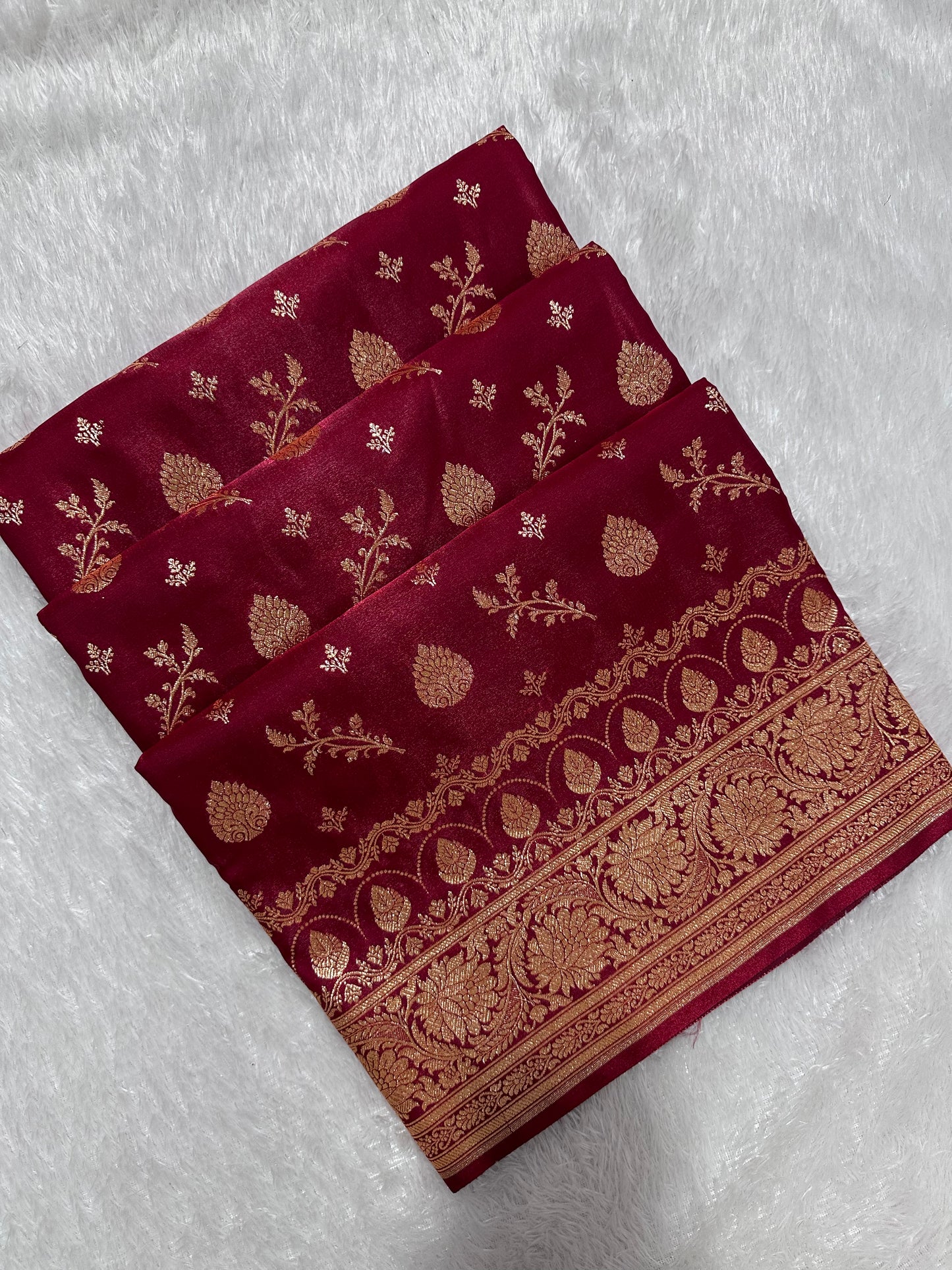 Bridal Maroon Satin Silk Banarasi Saree with Royal Floral Jhallar Border and Traditional Kalka-Floral Sprig Body Work
