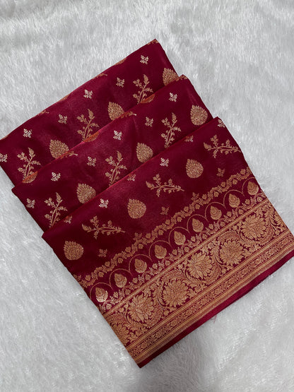 Bridal Maroon Satin Silk Banarasi Saree with Royal Floral Jhallar Border and Traditional Kalka-Floral Sprig Body Work