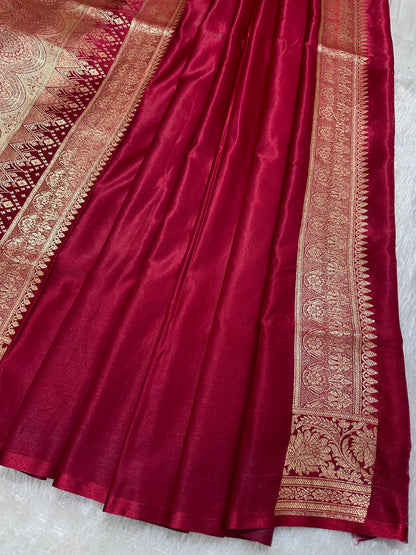 Bridal Maroon Satin Silk Banarasi Saree with Royal Floral Jhallar Border and Traditional Kalka-Floral Sprig Body Work