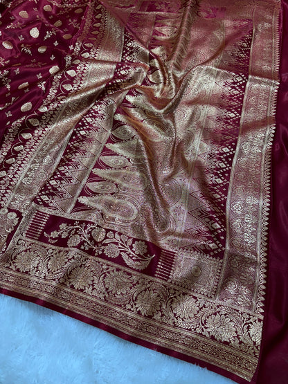 Bridal Maroon Satin Silk Banarasi Saree with Royal Floral Jhallar Border and Traditional Kalka-Floral Sprig Body Work
