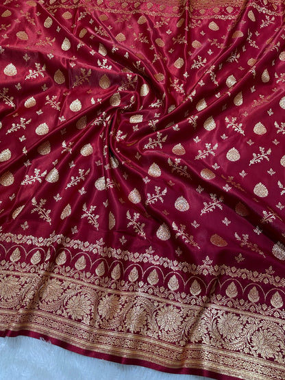 Bridal Maroon Satin Silk Banarasi Saree with Royal Floral Jhallar Border and Traditional Kalka-Floral Sprig Body Work