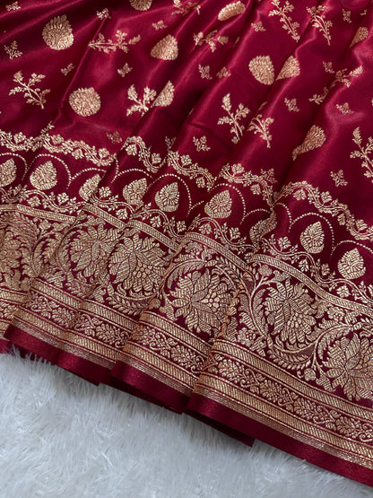 Bridal Maroon Satin Silk Banarasi Saree with Royal Floral Jhallar Border and Traditional Kalka-Floral Sprig Body Work