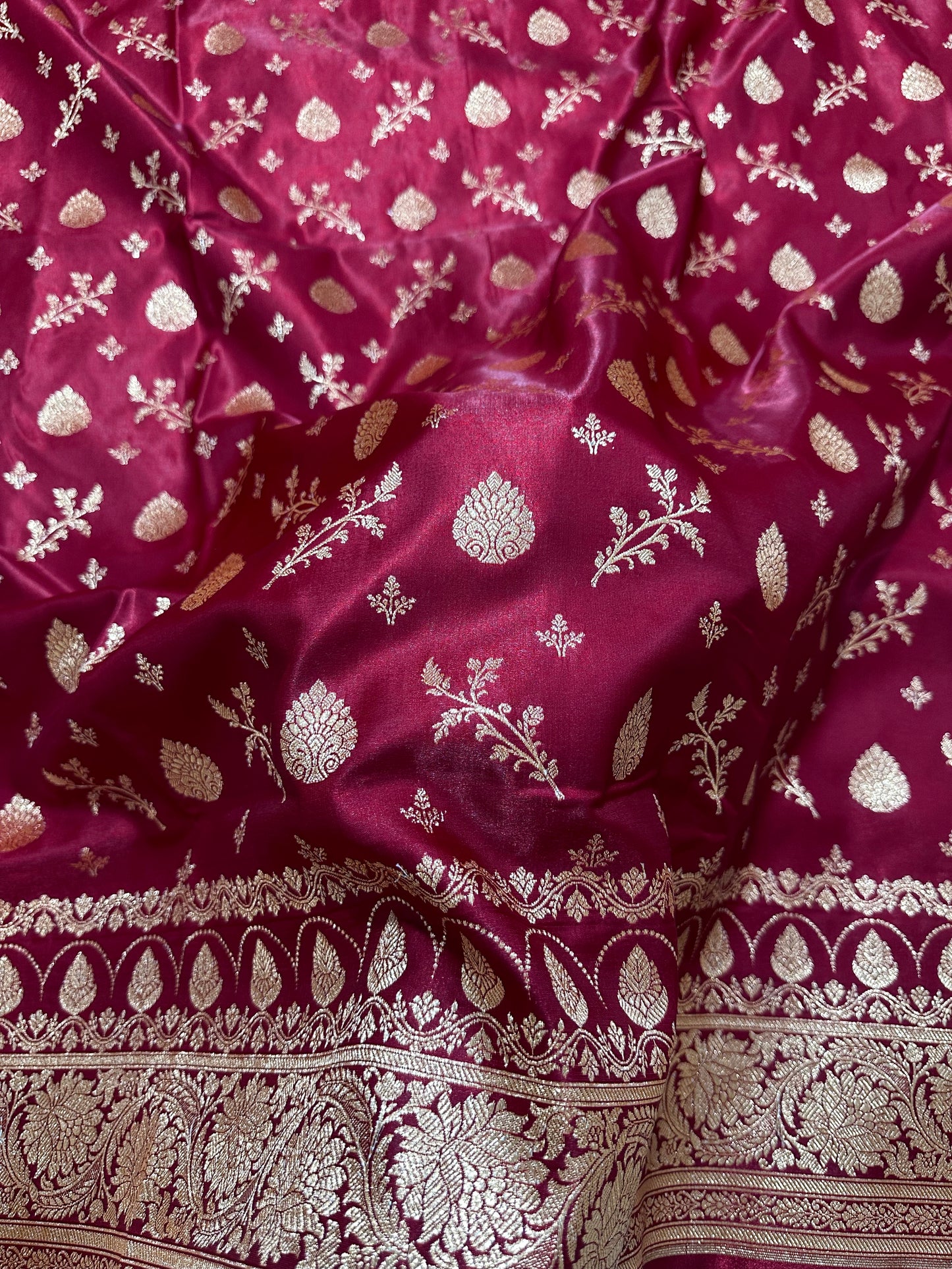 Bridal Maroon Satin Silk Banarasi Saree with Royal Floral Jhallar Border and Traditional Kalka-Floral Sprig Body Work