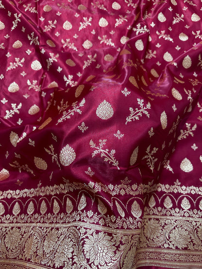 Bridal Maroon Satin Silk Banarasi Saree with Royal Floral Jhallar Border and Traditional Kalka-Floral Sprig Body Work