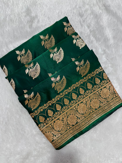 Elegant Bottle Green Satin Silk Banarasi Saree with Royal Floral Jhallar Border and Royal Peacock Paisley Butis