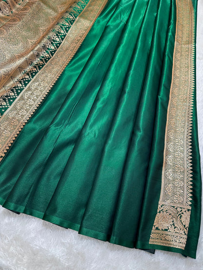 Elegant Bottle Green Satin Silk Banarasi Saree with Royal Floral Jhallar Border and Royal Peacock Paisley Butis