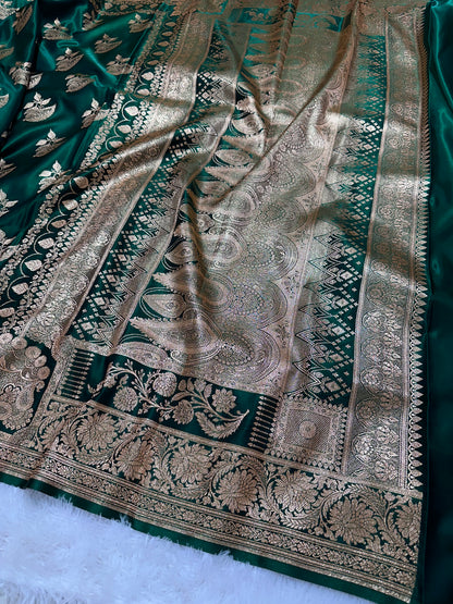 Elegant Bottle Green Satin Silk Banarasi Saree with Royal Floral Jhallar Border and Royal Peacock Paisley Butis